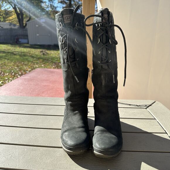 Ugg Elsa Tall Black Waterproof Shearling Leather Boots 1008438 Womens Sz 6.5 - Picture 1 of 8
